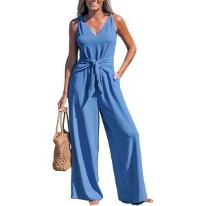 imageCUPSHE Womens Summer Jumpsuits Sleeveless Tie Knot Wide Leg Long Pants Romper with PocketsLight Blue