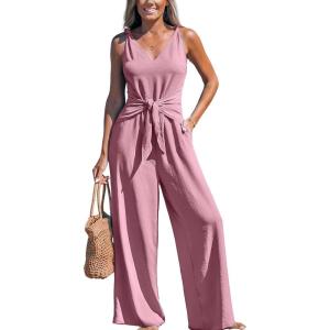 imageCUPSHE Womens Summer Jumpsuits Sleeveless Tie Knot Wide Leg Long Pants Romper with PocketsPink