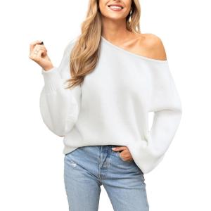 imageCUPSHE Womens Sweaters Christmas Off Shoulder Long Sleeve Sweater Casual Lightweight Xmas Pullover Sweater TopsSolid White