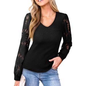 imageCUPSHE Womens Top Eyelet Lace V Neck Long Floral Sleeve Blouse Casual Hollow Out Loose Trendy DressyBlack