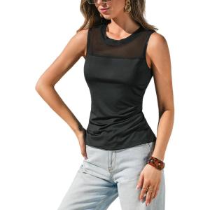 imageCUPSHE Womens Top Sleeveless Mesh Panel Tank Tops Summer Fitted Casual Shirt Elegant Crew Neck Blouse Loose TrendyBlack