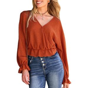 imageCUPSHE Womens V Neck Swiss Dot Tops Long Sleeve Wrap Ruffle Fashion Fall BlouseOrange