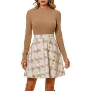 imageCUPSHE Womens Fall Dresses Plaid Mock Neck Long Sleeves Casual Outfits A Line Mini DressKhaki