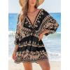 imageCUPSHE Womens Plunging V Neck Backless Beach Dress Paisley Boho Blouson Sleeve Back Tie Waist Tie Mini Summer DressesBlack Brown