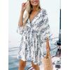 imageCUPSHE Womens Plunging V Neck Backless Beach Dress Paisley Boho Blouson Sleeve Back Tie Waist Tie Mini Summer DressesBlue