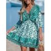 imageCUPSHE Womens Plunging V Neck Backless Beach Dress Paisley Boho Blouson Sleeve Back Tie Waist Tie Mini Summer DressesGreen Paisley