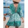 imageCUPSHE Womens Plunging V Neck Backless Beach Dress Paisley Boho Blouson Sleeve Back Tie Waist Tie Mini Summer DressesGreen Paisley