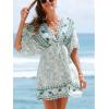 imageCUPSHE Womens Plunging V Neck Backless Beach Dress Paisley Boho Blouson Sleeve Back Tie Waist Tie Mini Summer DressesGreen White Floral