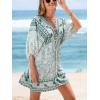 imageCUPSHE Womens Plunging V Neck Backless Beach Dress Paisley Boho Blouson Sleeve Back Tie Waist Tie Mini Summer DressesGreen White Floral