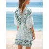 imageCUPSHE Womens Plunging V Neck Backless Beach Dress Paisley Boho Blouson Sleeve Back Tie Waist Tie Mini Summer DressesGreen White Floral