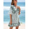 imageCUPSHE Womens Plunging V Neck Backless Beach Dress Paisley Boho Blouson Sleeve Back Tie Waist Tie Mini Summer DressesGreen White Floral