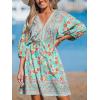 imageCUPSHE Womens Plunging V Neck Backless Beach Dress Paisley Boho Blouson Sleeve Back Tie Waist Tie Mini Summer DressesTeal