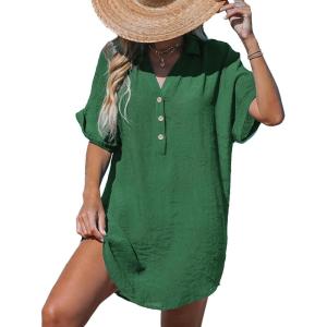 imageCUPSHE Women Swimsuit Cover Up V Neck Short Sleeve Button Front Beach Coverup Shirt DressDark Green