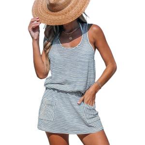imageCUPSHE Women Swimsuit Coverup Racerback Sleeveless Beach Cover Ups Dress with Side PocketsBlue Striped