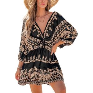imageCUPSHE Womens Plunging V Neck Backless Beach Dress Paisley Boho Blouson Sleeve Back Tie Waist Tie Mini Summer DressesBlack Brown
