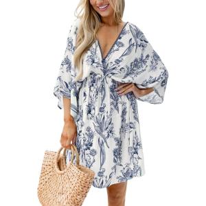 imageCUPSHE Womens Plunging V Neck Backless Beach Dress Paisley Boho Blouson Sleeve Back Tie Waist Tie Mini Summer DressesBlue
