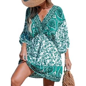 imageCUPSHE Womens Plunging V Neck Backless Beach Dress Paisley Boho Blouson Sleeve Back Tie Waist Tie Mini Summer DressesGreen Paisley