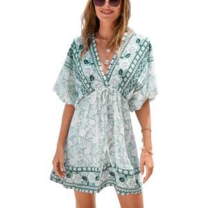 imageCUPSHE Womens Plunging V Neck Backless Beach Dress Paisley Boho Blouson Sleeve Back Tie Waist Tie Mini Summer DressesGreen White Floral