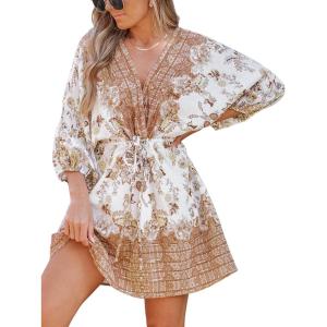 imageCUPSHE Womens Plunging V Neck Backless Beach Dress Paisley Boho Blouson Sleeve Back Tie Waist Tie Mini Summer DressesOrange Floral