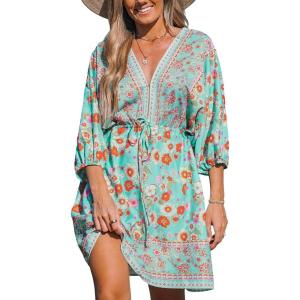 imageCUPSHE Womens Plunging V Neck Backless Beach Dress Paisley Boho Blouson Sleeve Back Tie Waist Tie Mini Summer DressesTeal