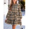 imageCUPSHE Womens Mini Dress High Neck Plaid Long Sleeve Belted Ruffled Hem Short DressesKhaki