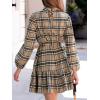 imageCUPSHE Womens Mini Dress High Neck Plaid Long Sleeve Belted Ruffled Hem Short DressesKhaki