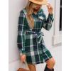 imageCUPSHE Womens Mini Fall Dresses Button Long Sleeves Plaid Belted Casual Short A Line Shirt DressGreen Plaid