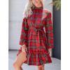 imageCUPSHE Womens Winter Christmas Dress High Neck Plaid Tie Back Long Sleeve Belted Ruffled Hem Mini DressesRed
