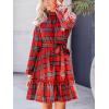 imageCUPSHE Womens Winter Christmas Dress High Neck Plaid Tie Back Long Sleeve Belted Ruffled Hem Mini DressesRed