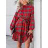 imageCUPSHE Womens Winter Christmas Dress High Neck Plaid Tie Back Long Sleeve Belted Ruffled Hem Mini DressesRed