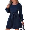 imageCUPSHE Womens Fall Dresses Corduroy Belted Tie Waist Long Sleeve Round Neck Casual A Line Mini DressBlue