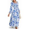 imageCUPSHE Womens Floral Print Maxi Dress Long Sleeve Smocked Waist Scoop Neck Flowy Fall Elegant Boho DressBlue