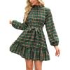 imageCUPSHE Womens Mini Dress High Neck Plaid Long Sleeve Belted Ruffled Hem Short DressesGreen