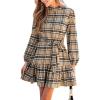 imageCUPSHE Womens Mini Dress High Neck Plaid Long Sleeve Belted Ruffled Hem Short DressesKhaki
