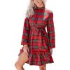 imageCUPSHE Womens Winter Christmas Dress High Neck Plaid Tie Back Long Sleeve Belted Ruffled Hem Mini DressesRed