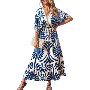 imageCUPSHE Women Summer Dresses Tassel Tie Front V Neck Batwing Sleeve Smocked Flowy Hawaiian Casual Maxi DressBlue