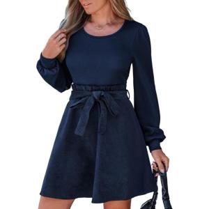 imageCUPSHE Womens Fall Dresses Corduroy Belted Tie Waist Long Sleeve Round Neck Casual A Line Mini DressBlue