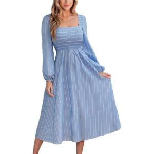 imageCUPSHE Womens Fall Dresses Long Sleeves Square Neck Striped Casual Outfits Smocked A Line Ruffled Flowy Midi Formal DressBlue