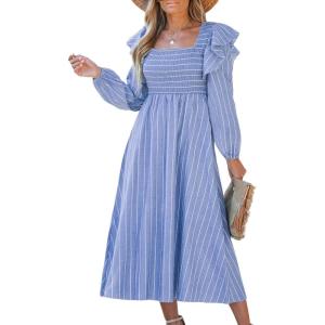 imageCUPSHE Womens Fall Dresses Long Sleeves Square Neck Striped Casual Outfits Smocked A Line Ruffled Flowy Midi Formal DressBlue Ruffled
