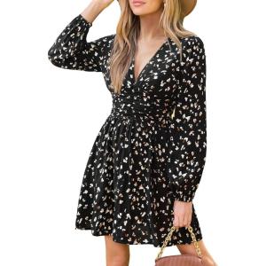 imageCUPSHE Womens Fall Dresses Wild Abstract Plunging V Neck Long Sleeve Elastic Waist Casual Mini DressBlack