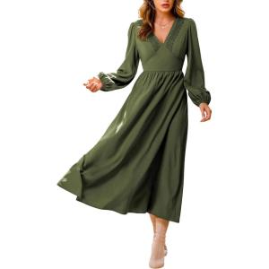 imageCUPSHE Womens Fall Long Lantern Sleeve Maxi Dress V Neck High Smocked Waist Flowy A Line Long DressesGreen