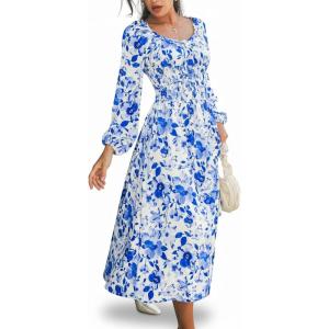 imageCUPSHE Womens Floral Print Maxi Dress Long Sleeve Smocked Waist Scoop Neck Flowy Fall Elegant Boho DressBlue