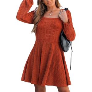 imageCUPSHE Womens Knit Fall Mini Dress Long Sleeves Square Neck Ruffle A Line DressesOrange