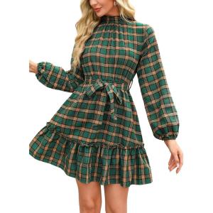 imageCUPSHE Womens Mini Dress High Neck Plaid Long Sleeve Belted Ruffled Hem Short DressesGreen