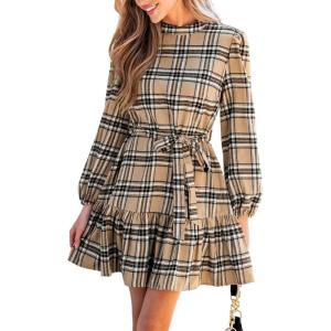 imageCUPSHE Womens Mini Dress High Neck Plaid Long Sleeve Belted Ruffled Hem Short DressesKhaki
