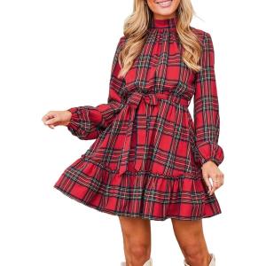 imageCUPSHE Womens Mini Dress High Neck Plaid Long Sleeve Belted Ruffled Hem Short DressesRed Plaid