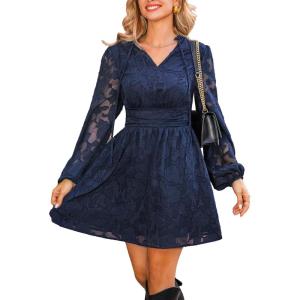 imageCUPSHE Womens Mini Dresses Casual Floral Lace Tie Neck Long Lantern Sleeves Elastic Waist ALine Flowy DressNavy