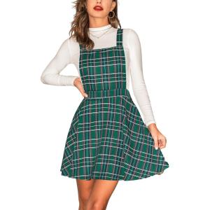 imageCUPSHE Womens Overall Dress Square Neck Plaid Sleeveless Casual Short A Line Cute Fall Mini Pinafore DressesGreen
