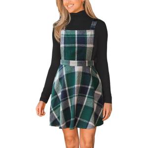 imageCUPSHE Womens Overall Dress Square Neck Plaid Sleeveless Casual Short A Line Cute Fall Mini Pinafore DressesGreen Plaid