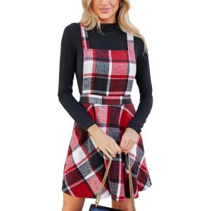 imageCUPSHE Womens Overall Dress Square Neck Plaid Sleeveless Casual Short A Line Cute Fall Mini Pinafore DressesRed Plaid